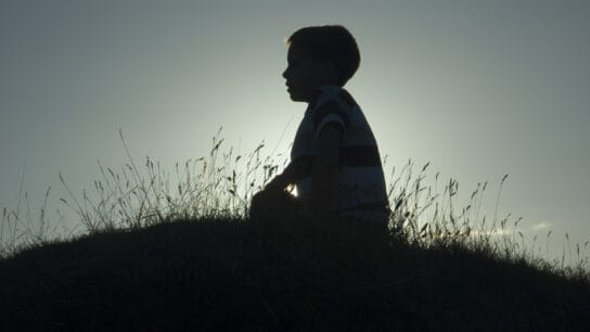 silhouette of boy on hill