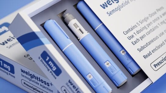 Two packages of 5 dosing pens each of a fictitious Semiglutin drug used for weight loss (antidiabetic medication or anti-obesity medication) on a blue transparent background. Fictitious package design
